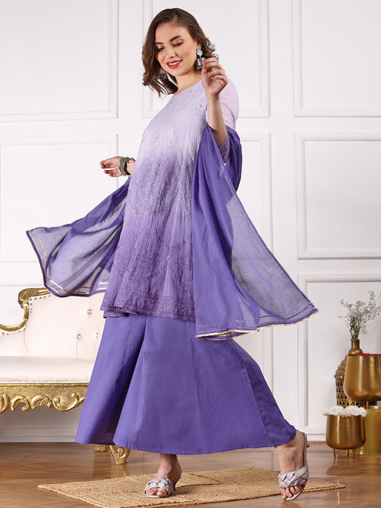 Ombre Embroidered Regular Thread Work Pure Cotton Kurta with Trousers & Dupatta