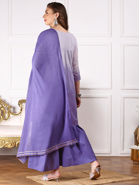 Ombre Embroidered Regular Thread Work Pure Cotton Kurta with Trousers & Dupatta