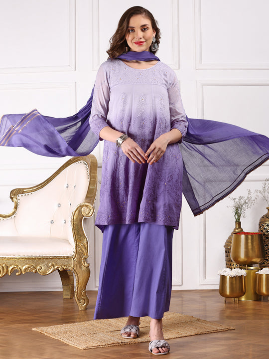 Ombre Embroidered Regular Thread Work Pure Cotton Kurta with Trousers & Dupatta