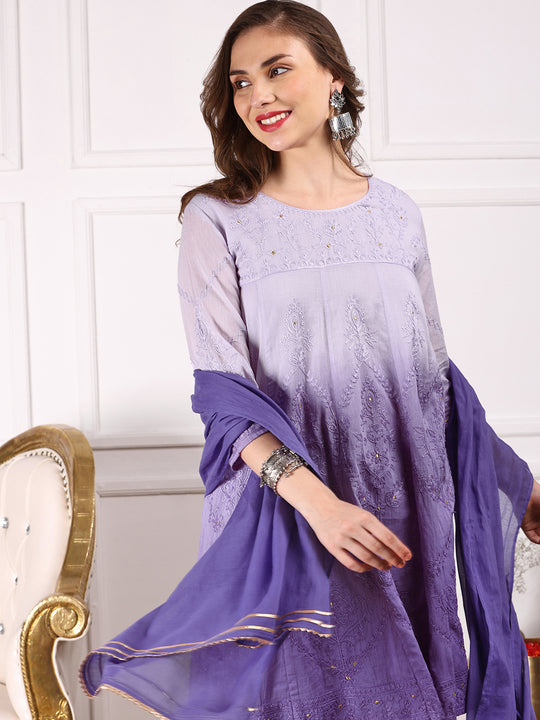 Ombre Embroidered Regular Thread Work Pure Cotton Kurta with Trousers & Dupatta