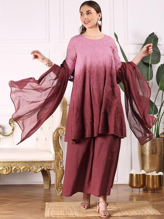 Ombre Embroidered Regular Thread Work Pure Cotton Kurta with Trousers & Dupatta