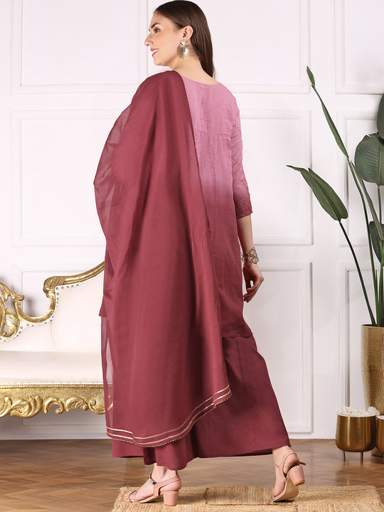 Ombre Embroidered Regular Thread Work Pure Cotton Kurta with Trousers & Dupatta