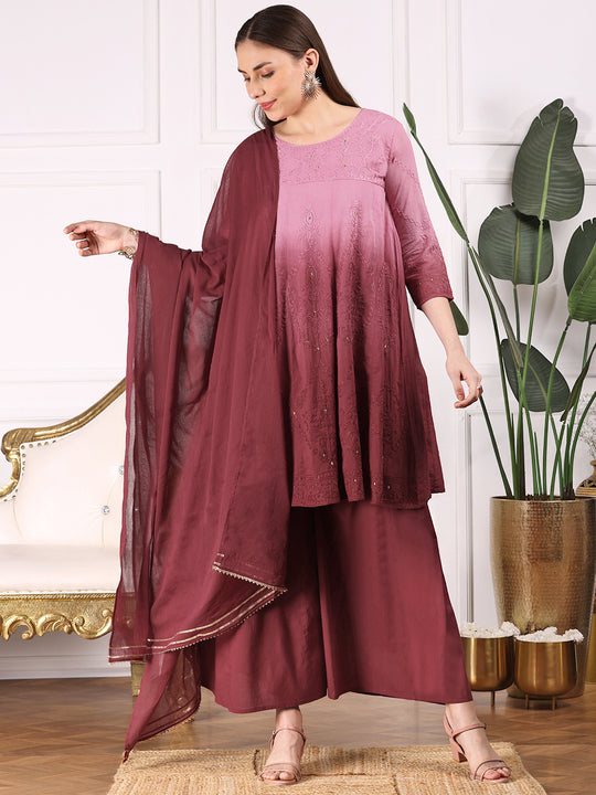 Ombre Embroidered Regular Thread Work Pure Cotton Kurta with Trousers & Dupatta