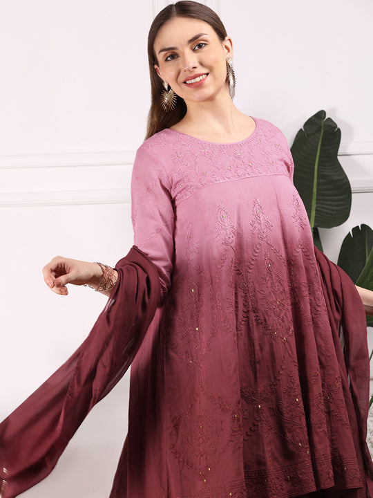 Ombre Embroidered Regular Thread Work Pure Cotton Kurta with Trousers & Dupatta