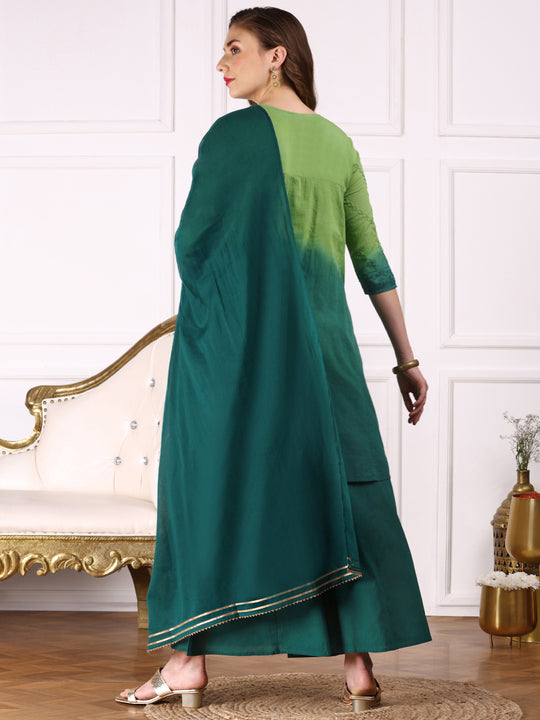Ombre Embroidered Regular Thread Work Pure Cotton Kurta with Trousers & Dupatta