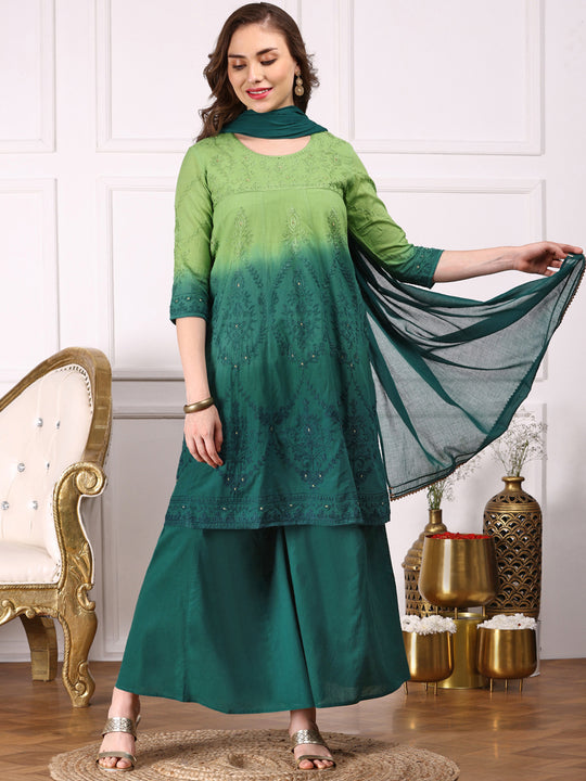 Ombre Embroidered Regular Thread Work Pure Cotton Kurta with Trousers & Dupatta