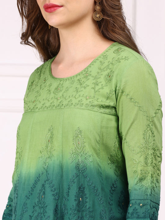 Ombre Embroidered Regular Thread Work Pure Cotton Kurta with Trousers & Dupatta