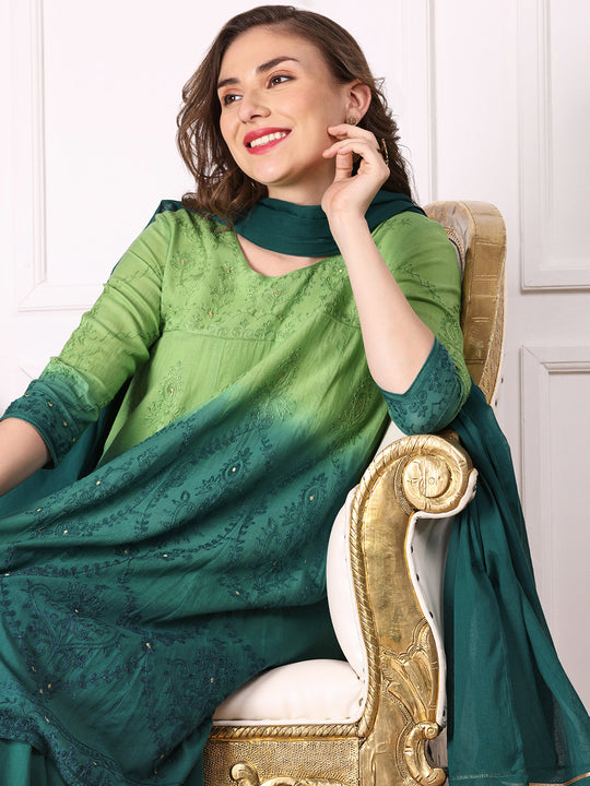 Ombre Embroidered Regular Thread Work Pure Cotton Kurta with Trousers & Dupatta