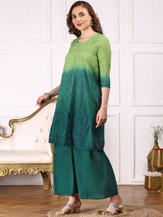 Ombre Embroidered Regular Thread Work Pure Cotton Kurta with Trousers & Dupatta