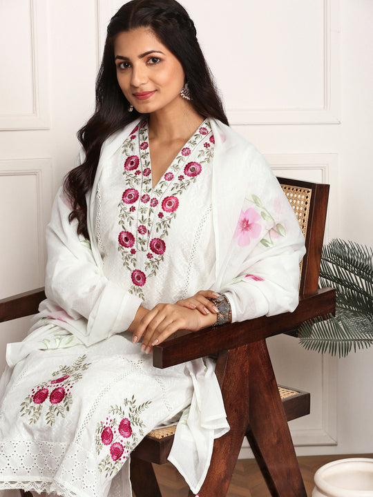 Floral Threadwork Embellished Cotton Kurta with Pants and Dupatta