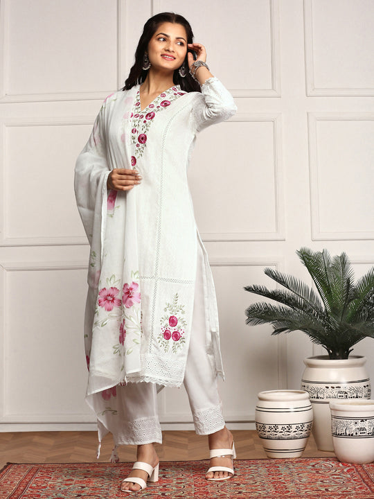 Floral Threadwork Embellished Cotton Kurta with Pants and Dupatta