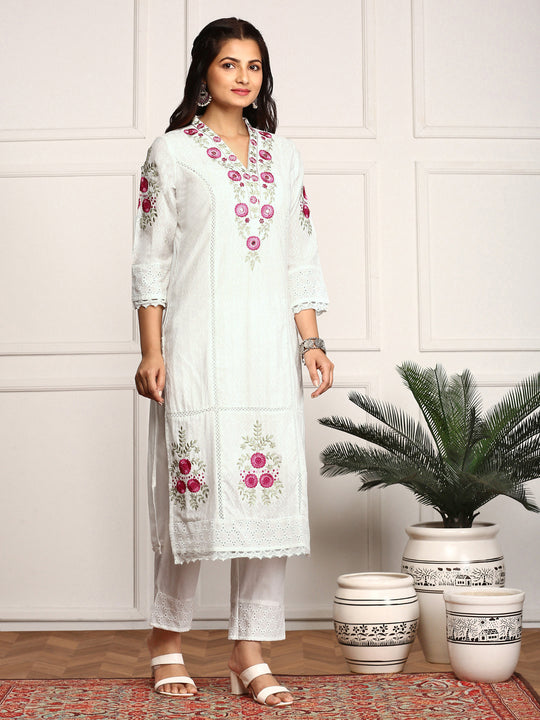 Floral Threadwork Embellished Cotton Kurta with Pants and Dupatta