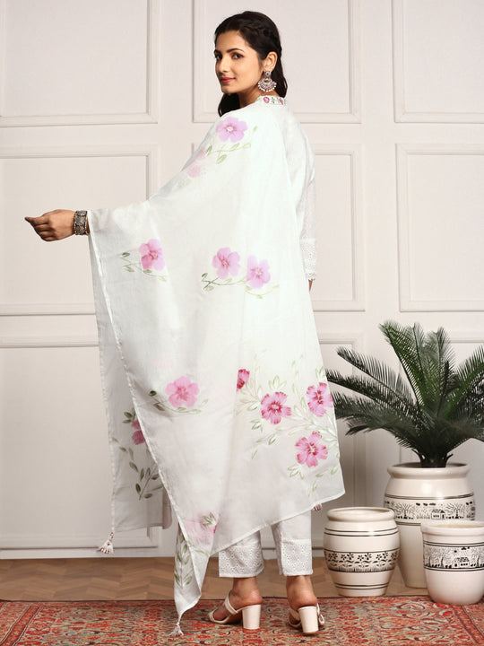Floral Threadwork Embellished Cotton Kurta with Pants and Dupatta