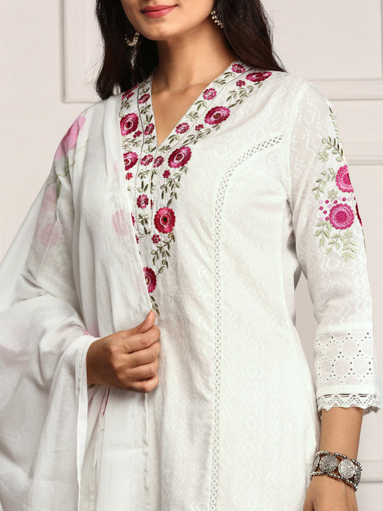 Floral Threadwork Embellished Cotton Kurta with Pants and Dupatta