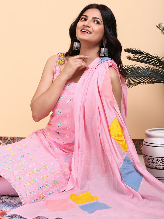 Floral Embroidered Mirror Work Pure Cotton Straight Kurta with Trousers & Dupatta