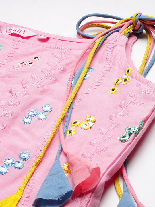 Floral Embroidered Mirror Work Pure Cotton Straight Kurta with Trousers & Dupatta