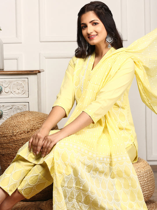 Yellow Geometric Embroidered V-Neck Calf Length Pure Cotton Straight Kurta Set