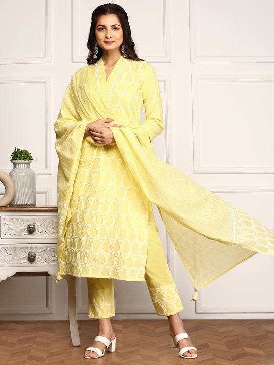 Yellow Geometric Embroidered V-Neck Calf Length Pure Cotton Straight Kurta Set