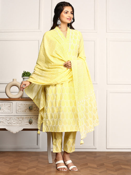 Yellow Geometric Embroidered V-Neck Calf Length Pure Cotton Straight Kurta Set