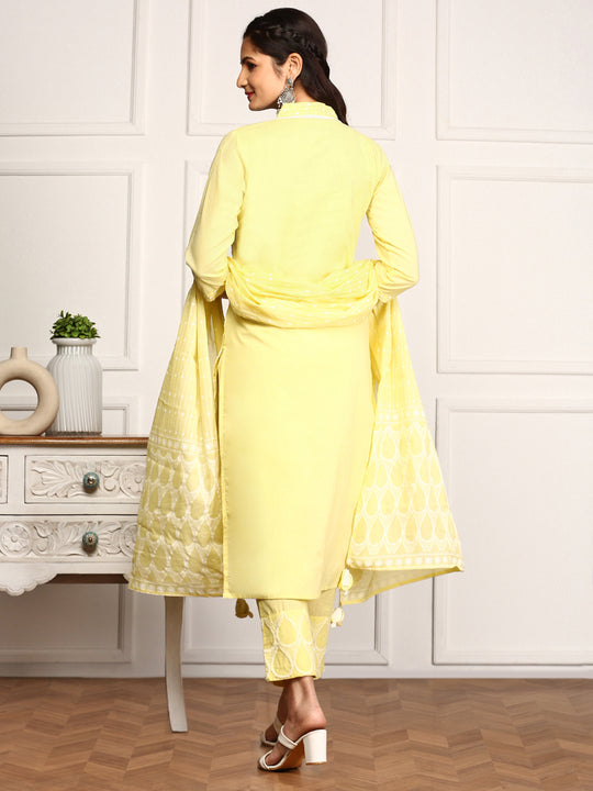 Yellow Geometric Embroidered V-Neck Calf Length Pure Cotton Straight Kurta Set