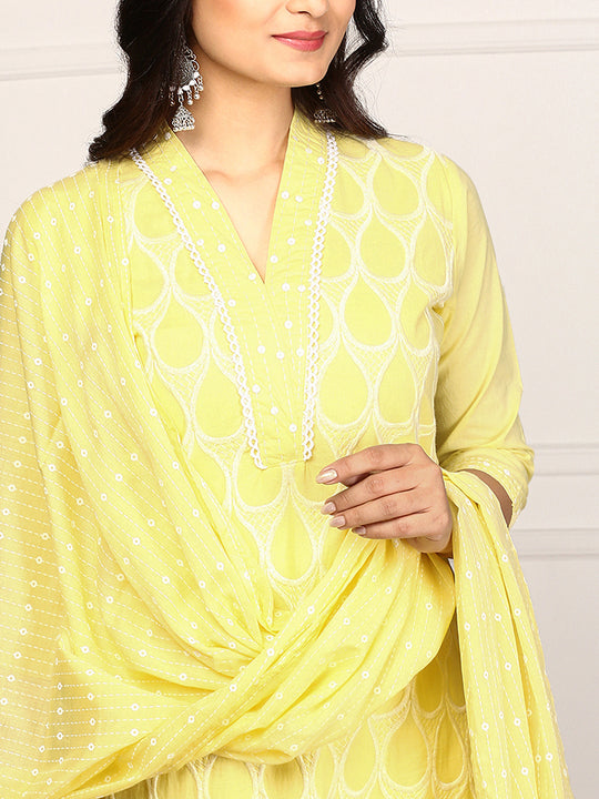 Yellow Geometric Embroidered V-Neck Calf Length Pure Cotton Straight Kurta Set