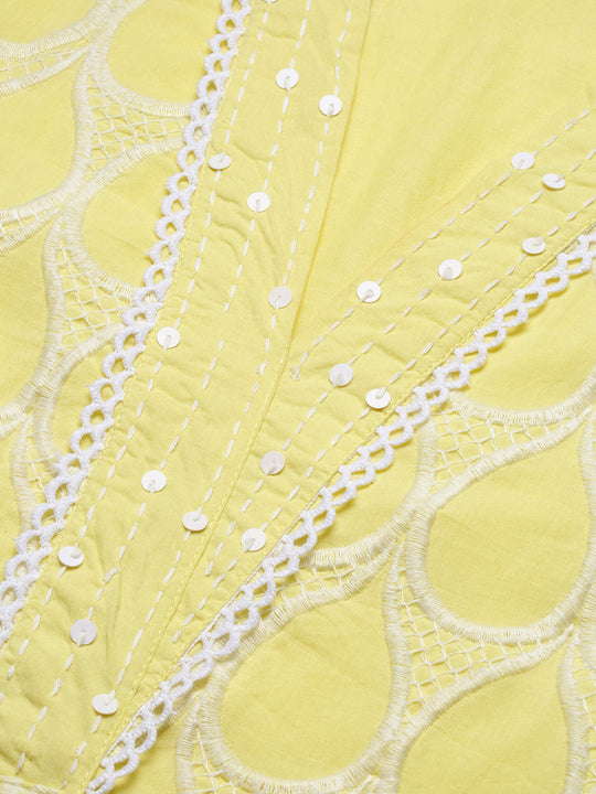 Yellow Geometric Embroidered V-Neck Calf Length Pure Cotton Straight Kurta Set