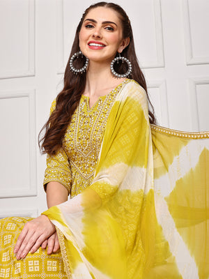 Bandhani Embroidered Kurta with Trousers and Tie and Dye Hand Tassels Dupatta