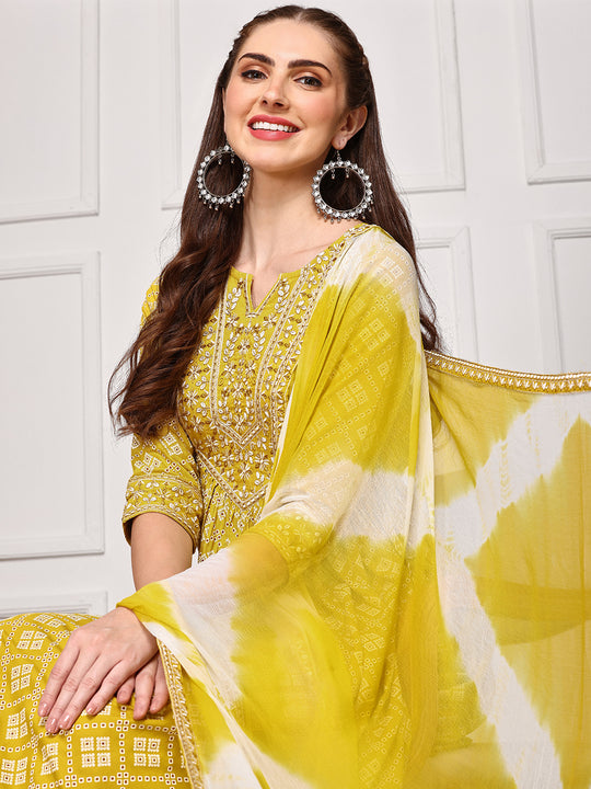 Bandhani Embroidered Kurta with Trousers and Tie and Dye Hand Tassels Dupatta