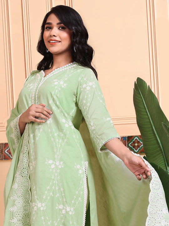 Thread Work Straight Pure Cotton Kurta With Trouser and Scalloped Schiffli Dupatta