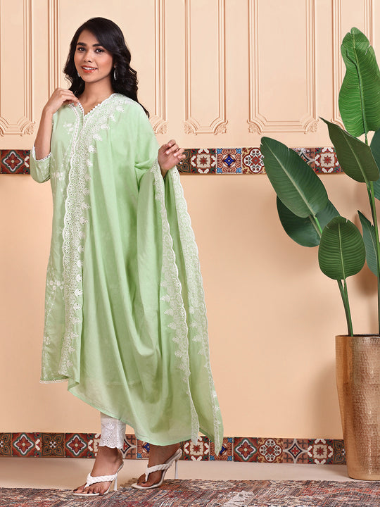 Thread Work Straight Pure Cotton Kurta With Trouser and Scalloped Schiffli Dupatta