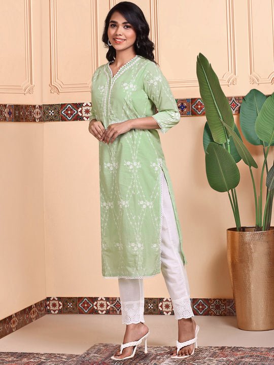 Thread Work Straight Pure Cotton Kurta With Trouser and Scalloped Schiffli Dupatta