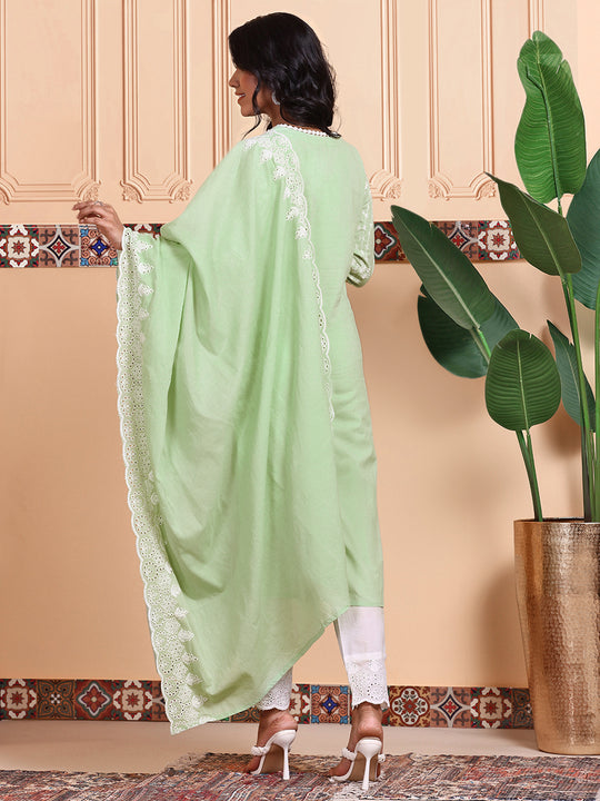 Thread Work Straight Pure Cotton Kurta With Trouser and Scalloped Schiffli Dupatta