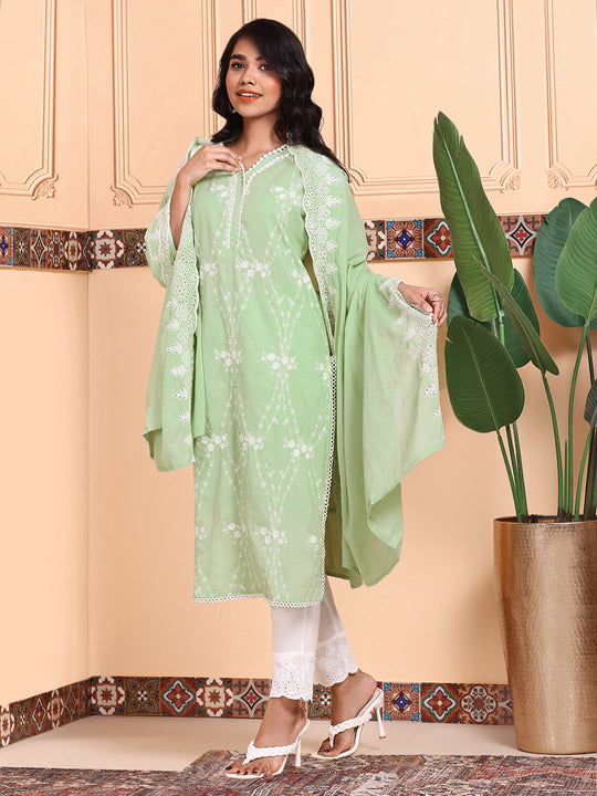 Thread Work Straight Pure Cotton Kurta With Trouser and Scalloped Schiffli Dupatta