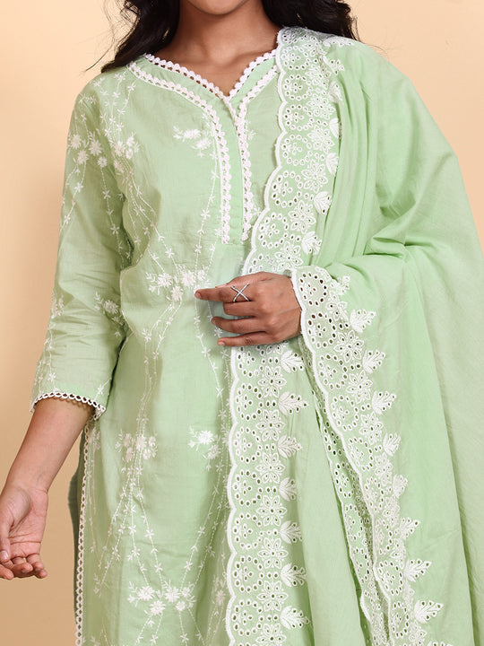 Thread Work Straight Pure Cotton Kurta With Trouser and Scalloped Schiffli Dupatta