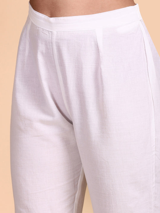 Thread Work Straight Pure Cotton Kurta With Trouser and Scalloped Schiffli Dupatta