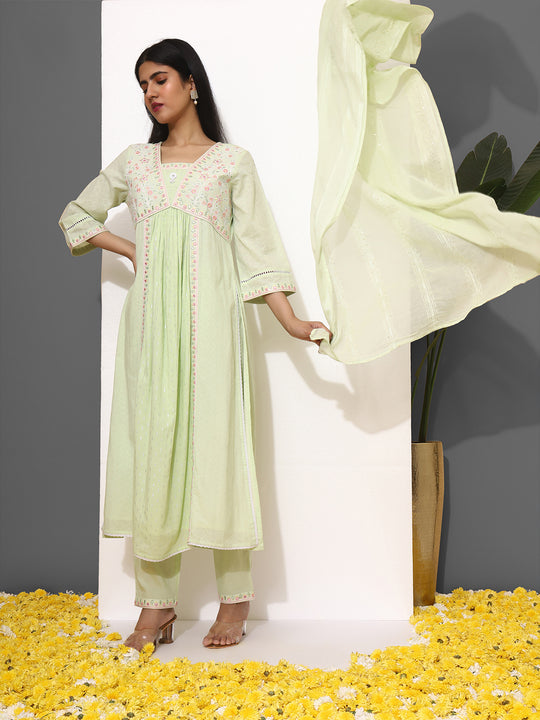 Floral Embroidered V-Neck Three-Quarter Sleeves Sequinned Pure Cotton Kurta Set