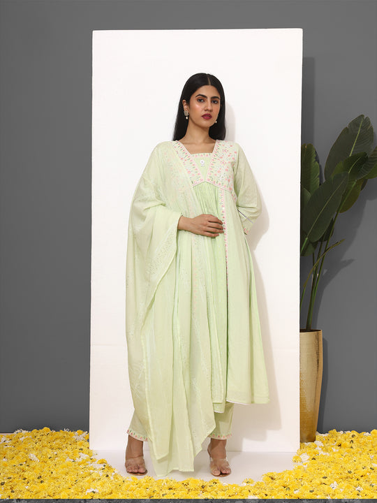 Floral Embroidered V-Neck Three-Quarter Sleeves Sequinned Pure Cotton Kurta Set