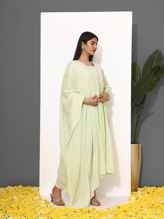 Floral Embroidered V-Neck Three-Quarter Sleeves Sequinned Pure Cotton Kurta Set