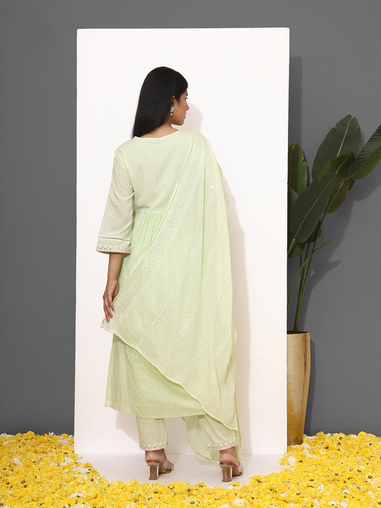 Floral Embroidered V-Neck Three-Quarter Sleeves Sequinned Pure Cotton Kurta Set