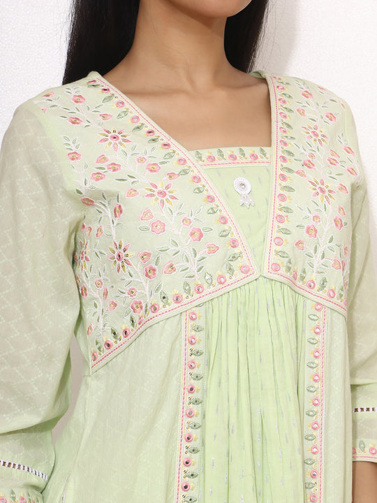 Floral Embroidered V-Neck Three-Quarter Sleeves Sequinned Pure Cotton Kurta Set