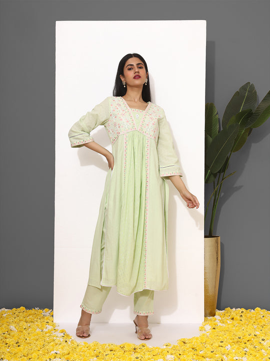 Floral Embroidered V-Neck Three-Quarter Sleeves Sequinned Pure Cotton Kurta Set