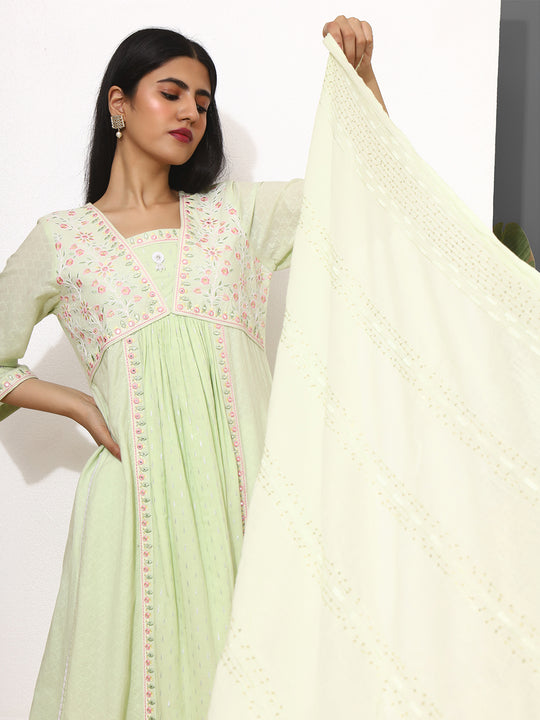 Floral Embroidered V-Neck Three-Quarter Sleeves Sequinned Pure Cotton Kurta Set