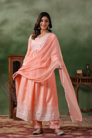 Ethnic Motifs Embroidered Pleated Kurta with Trousers & Dupatt