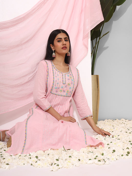 Ethnic Motifs Yoke Design Mirror Work Pure Cotton Kurta with Trousers & Dupatta