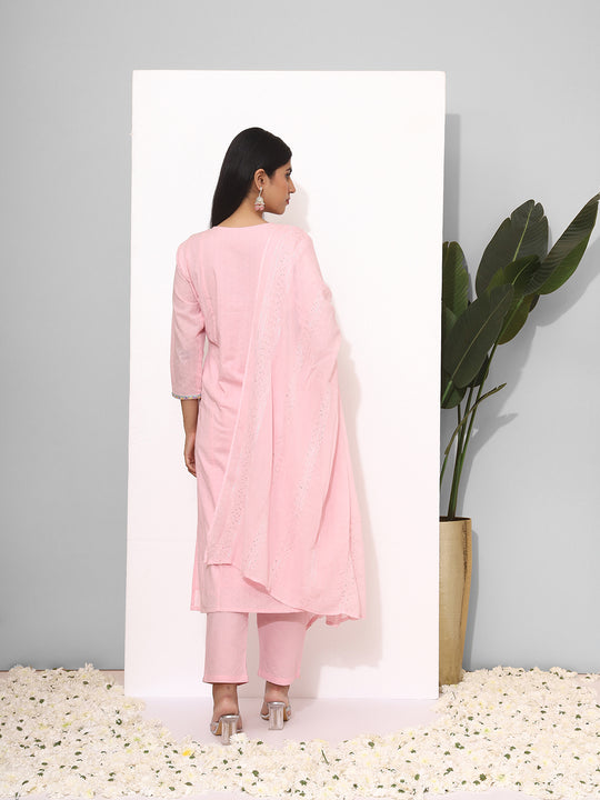 Ethnic Motifs Yoke Design Mirror Work Pure Cotton Kurta with Trousers & Dupatta