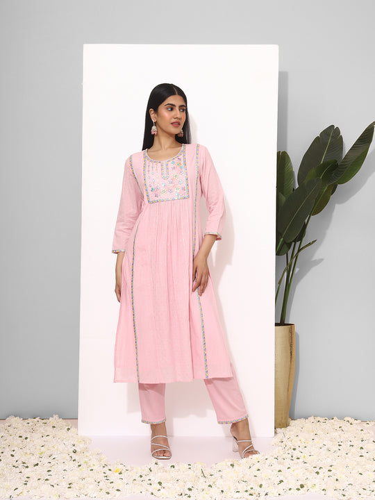 Ethnic Motifs Yoke Design Mirror Work Pure Cotton Kurta with Trousers & Dupatta