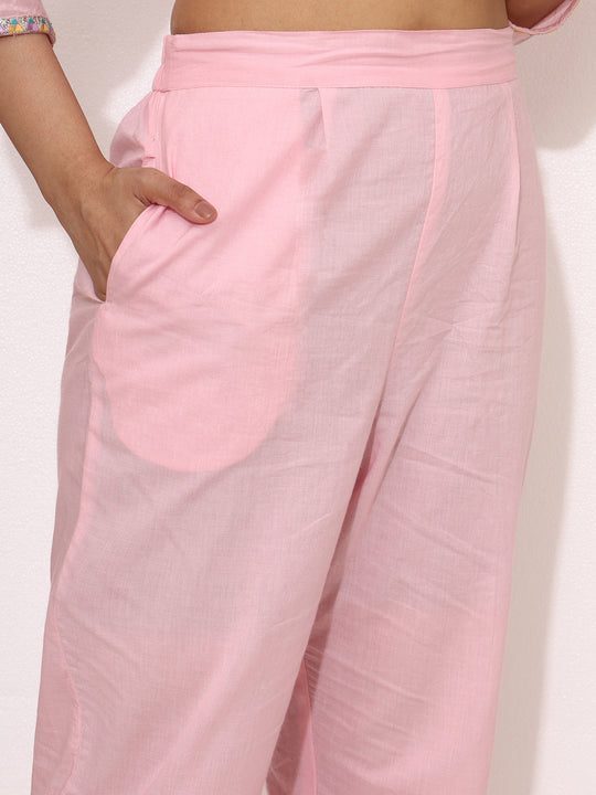 Ethnic Motifs Yoke Design Mirror Work Pure Cotton Kurta with Trousers & Dupatta