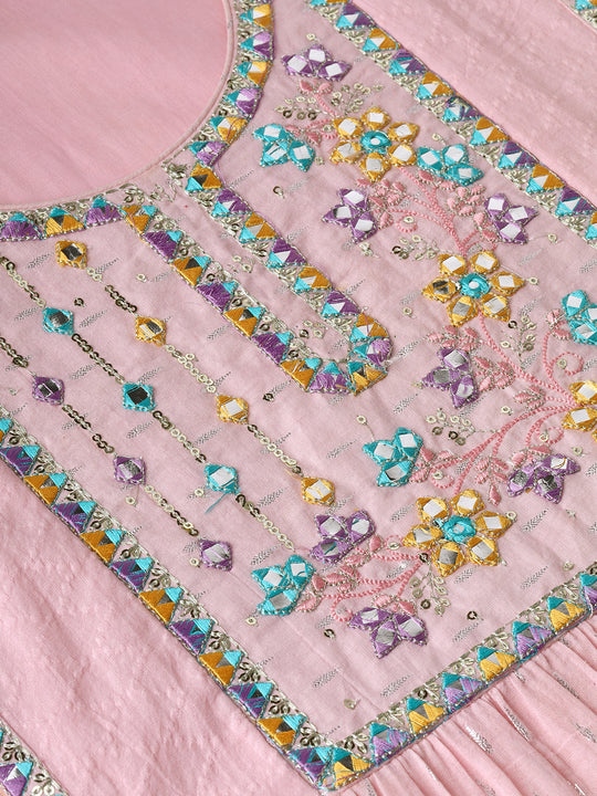 Ethnic Motifs Yoke Design Mirror Work Pure Cotton Kurta with Trousers & Dupatta