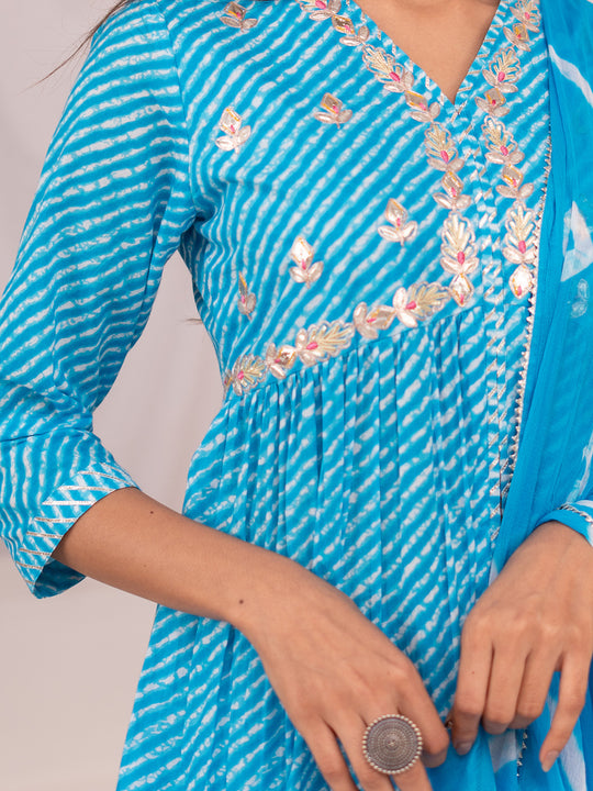 Leheriya A-line Side Tie-Up Cotton Kurta with Sharara and Tie and Dye Dupatta