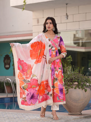 Floral Printed Angrakha Gotta Patti Pure Cotton A-Line Kurta with Trousers & Dupatta